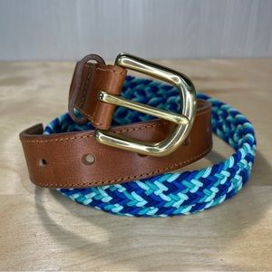 J. Crew Blue Tones Braided Belt Genuine Leather Tab Gold Tone Solid Brass Buckle